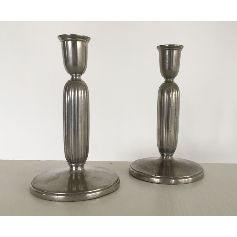 Pair of vintage Art Deco pewter candlesticks by Just Andersen