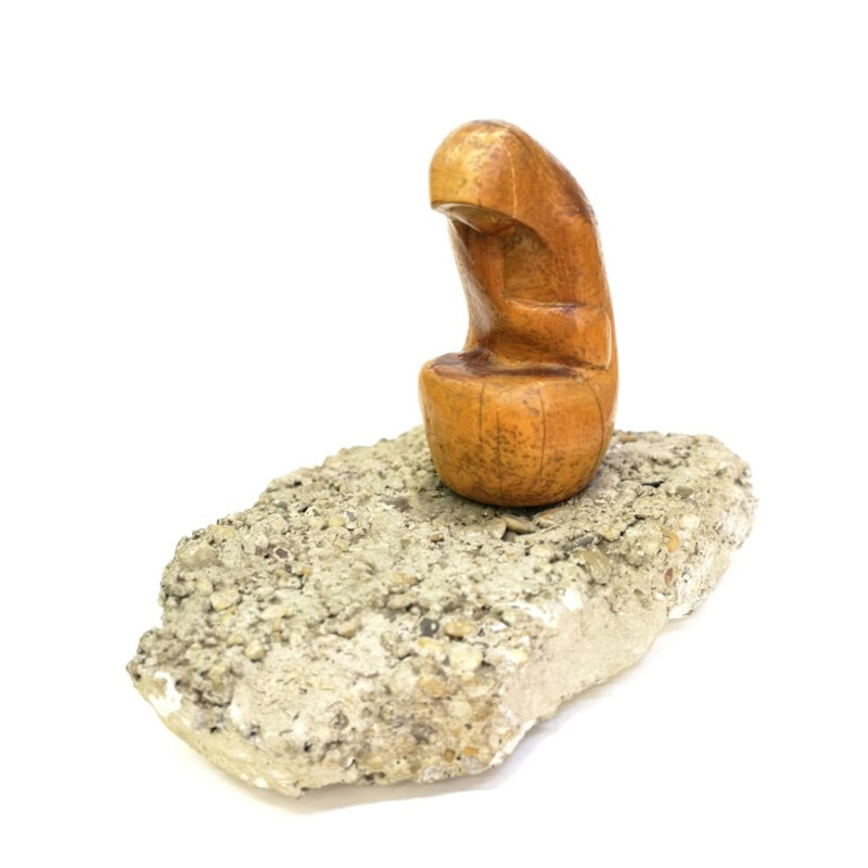 Hand Carved Sculpture vintage Thinker by Artist Feldman, 1970s