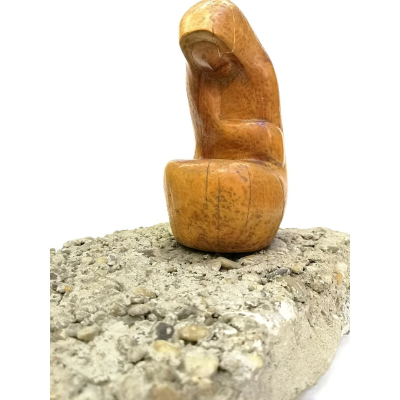 Hand Carved Sculpture vintage Thinker by Artist Feldman, 1970s