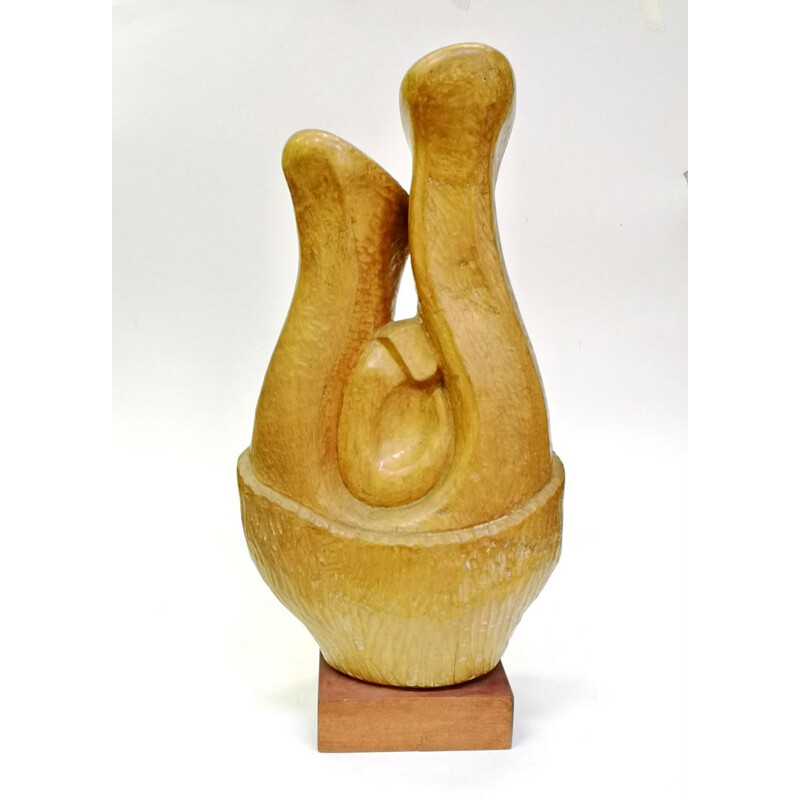 Vintage abstract hand-carved wood sculpture by Feldman, 1970