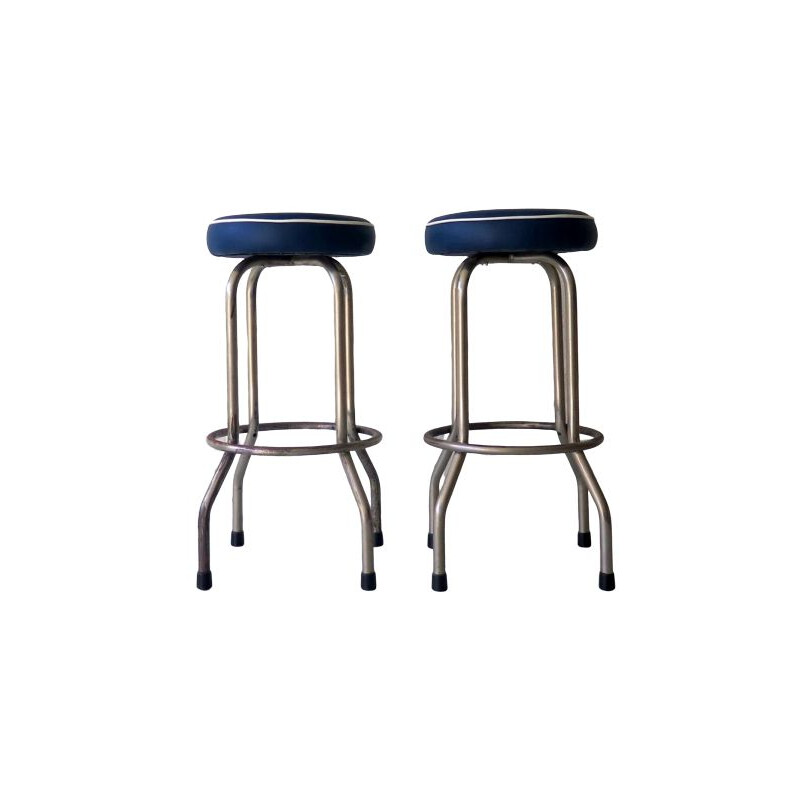 Vintage stool in metal and blue leatherette, 1950s