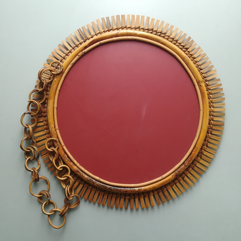 Vintage Round sunburst rattan mirror, Italy 1960s