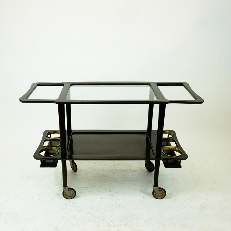 Midcentury Mahogany, Brass and Glass Bar Trolley Italian