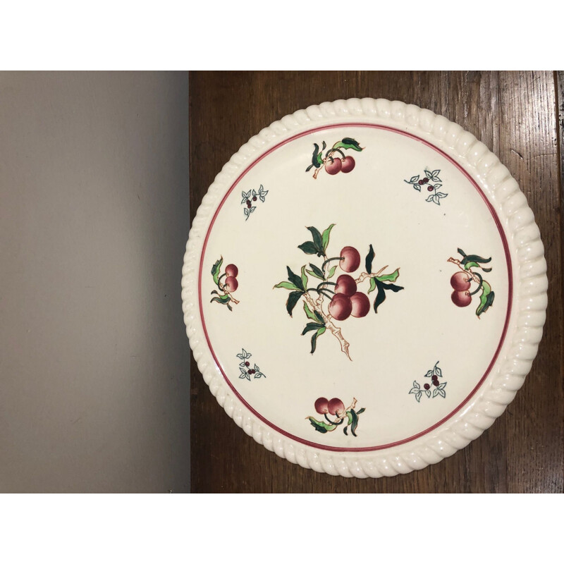 Vintage Longwy earthenware dish decorated with cherries, 1950