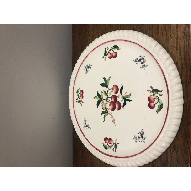 Vintage Longwy earthenware dish decorated with cherries, 1950