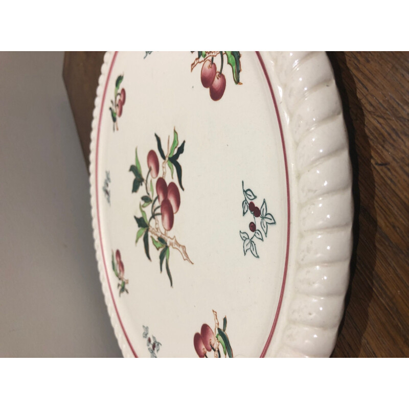 Vintage Longwy earthenware dish decorated with cherries, 1950
