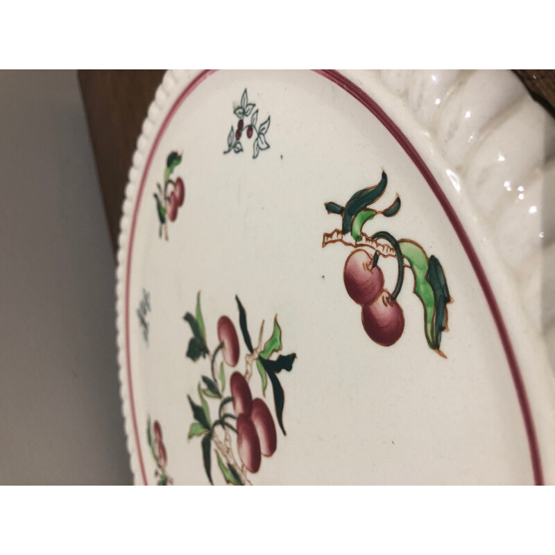 Vintage Longwy earthenware dish decorated with cherries, 1950