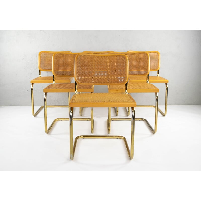 Set of 6 Marcel Breuer B32 Cesca Brass Chairs, Italy, 1970