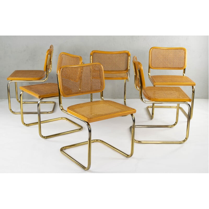 Set of 6 Marcel Breuer B32 Cesca Brass Chairs, Italy, 1970