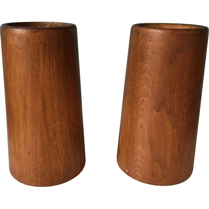 Pair of large vintage teak candlesticks, Scandinavian 1960s