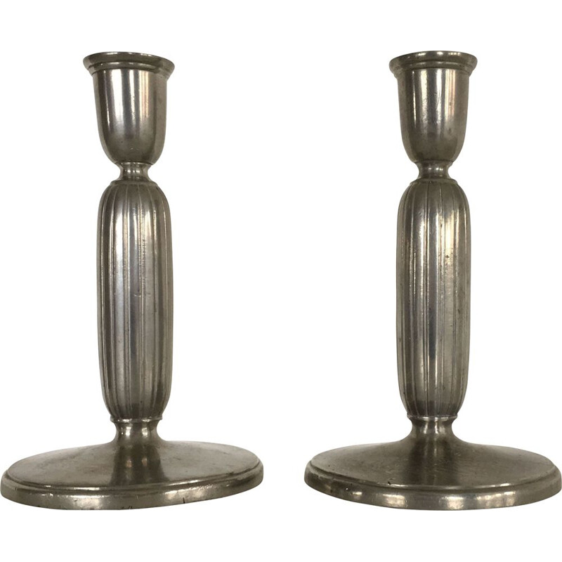 Paar vintage Art Deco tinnen kandelaars van Just Andersen