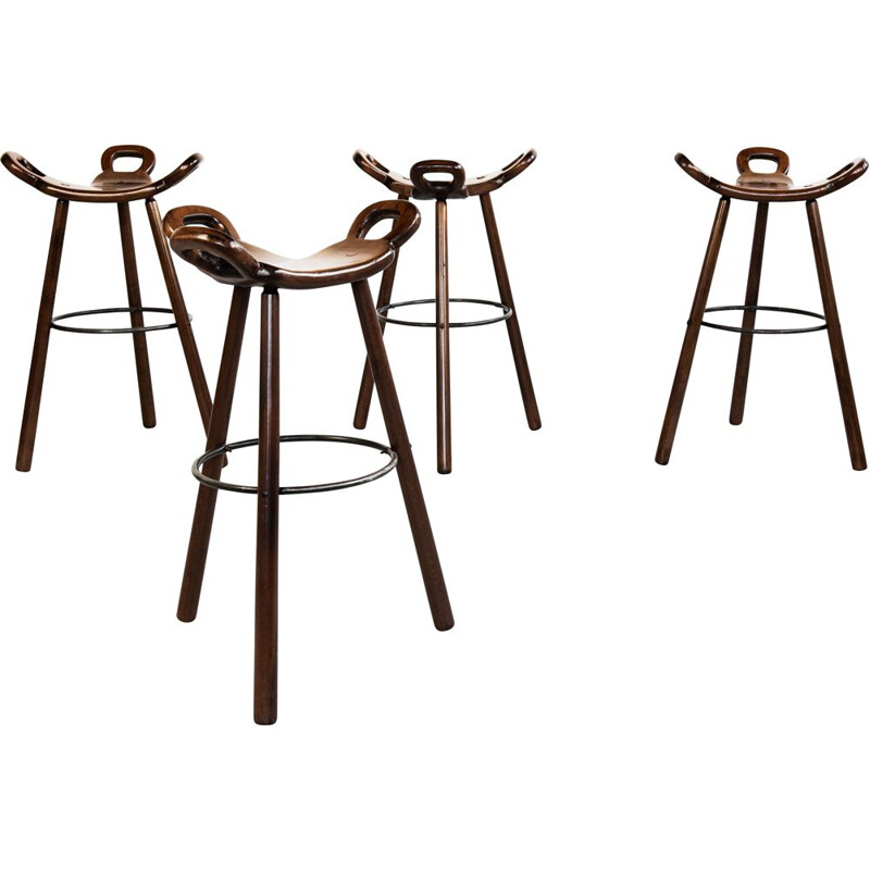 Set of 4 Marbella bar stools in beech Brutalist  1970s