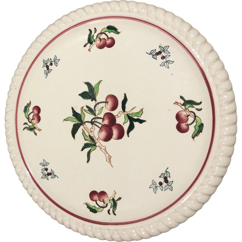 Vintage Longwy earthenware dish decorated with cherries, 1950