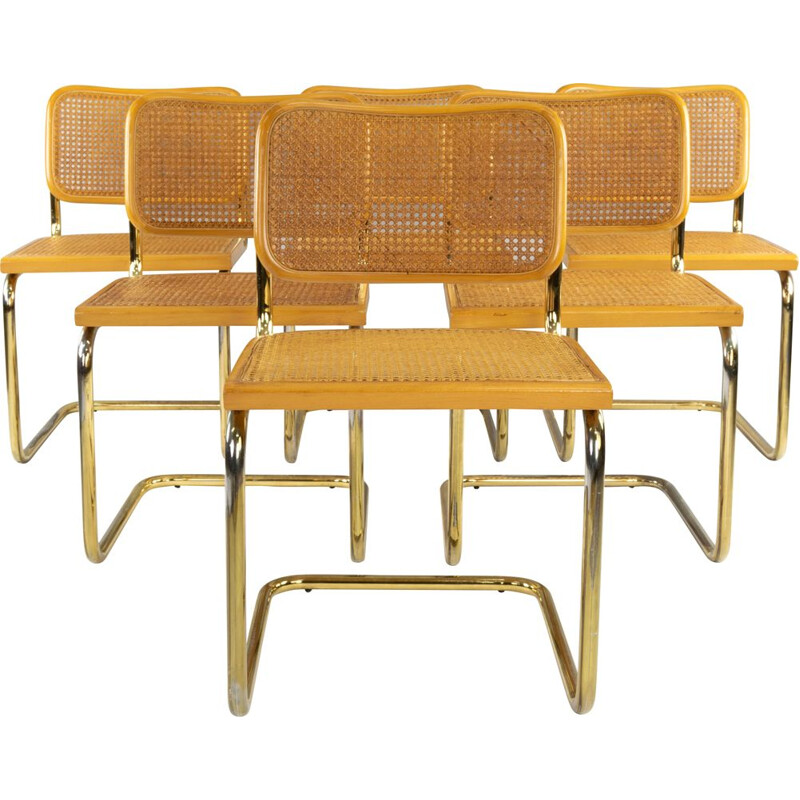 Set of 6 Marcel Breuer B32 Cesca Brass Chairs, Italy, 1970