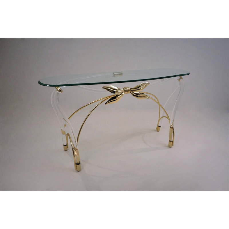 Table console vintage Lucite, doré plaqué or et verre, Américain 1970