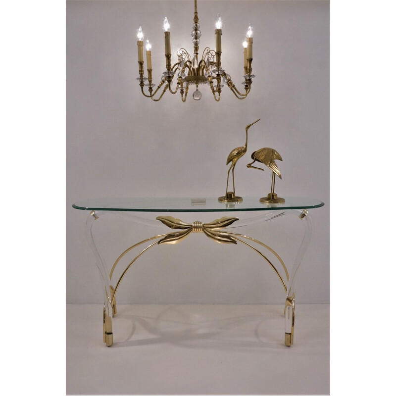 Vintage console table, Lucite, gold plate and glass, American 1970’s