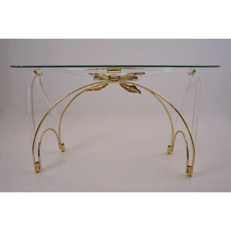 Table console vintage Lucite, doré plaqué or et verre, Américain 1970