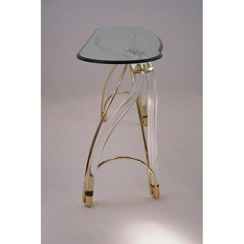 Table console vintage Lucite, doré plaqué or et verre, Américain 1970