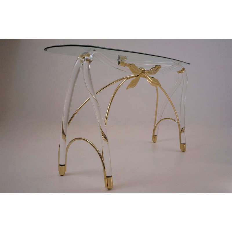 Table console vintage Lucite, doré plaqué or et verre, Américain 1970