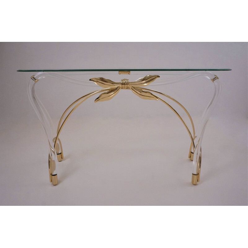 Table console vintage Lucite, doré plaqué or et verre, Américain 1970