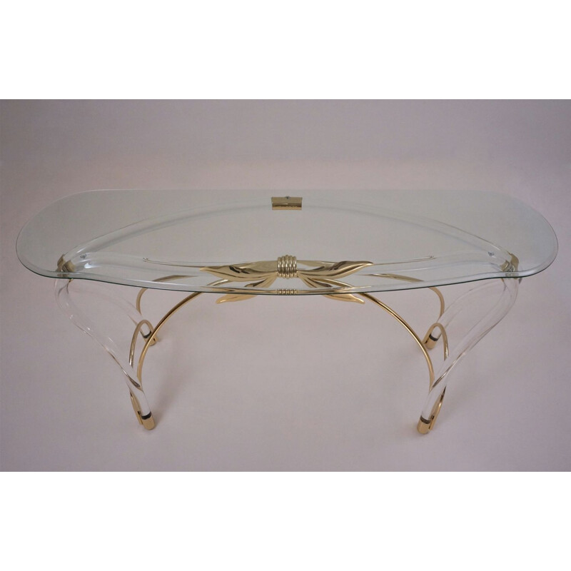 Table console vintage Lucite, doré plaqué or et verre, Américain 1970