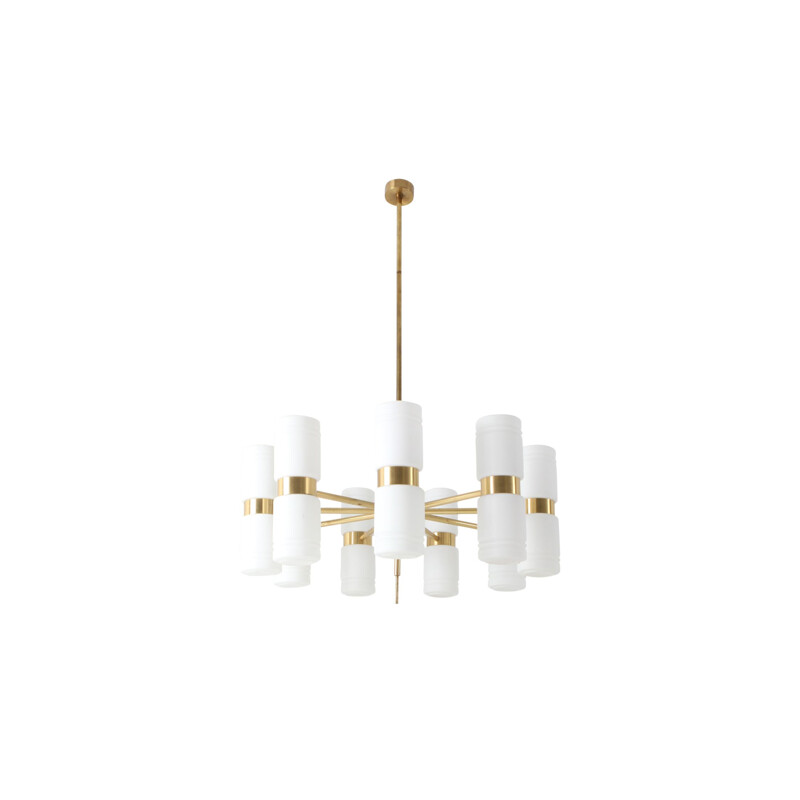 Vintage chandelier Hans-Agne Jakobsson brass and milky opaline glass 