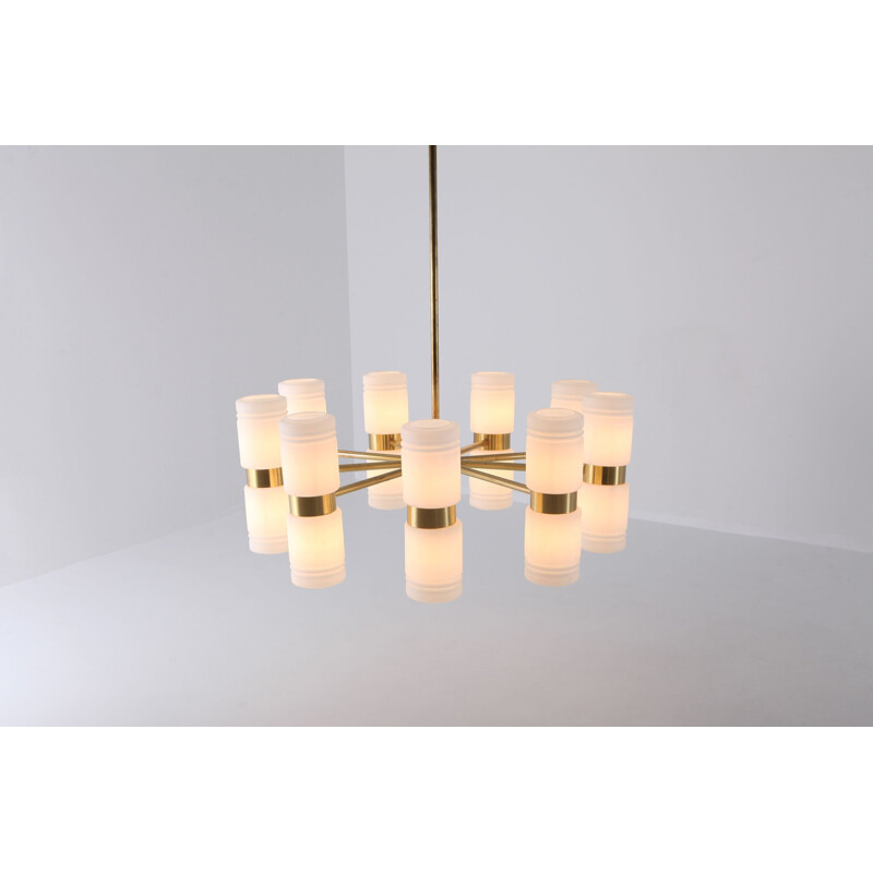 Vintage chandelier Hans-Agne Jakobsson brass and milky opaline glass 