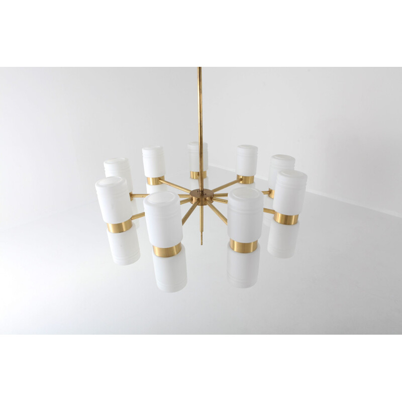 Vintage chandelier Hans-Agne Jakobsson brass and milky opaline glass 