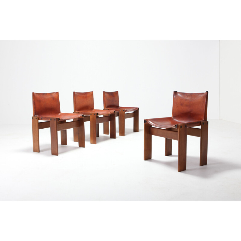 Ensemble de 4 chaises de moine vintage en cuir par Afra et Tobia Scarpa 1974