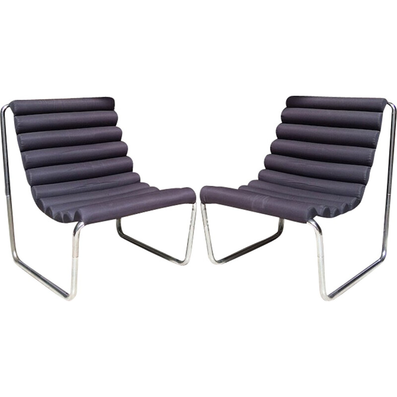 Pair of tubular steel and grey fabric easy chairs - 1970s