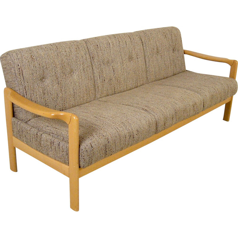 Scandinavian 3-seater beech and flecked fabric sofa - 1950s