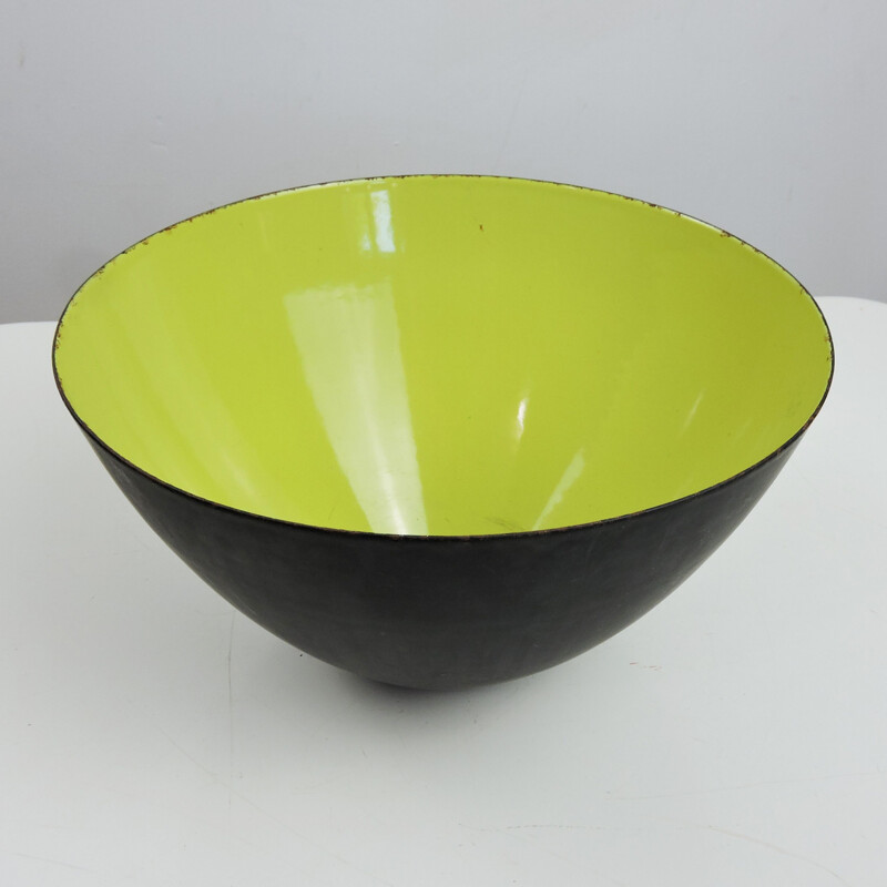 Large Mid-Century Danish YellowGreen Enamel Krenit Bowl by Herbert Krenchel, 1950s