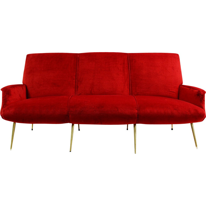 Italian vintage sofa in red velvet and brass - 1950s