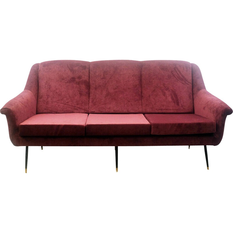 Italian sofa in burgundy velvet and brass - 1950s