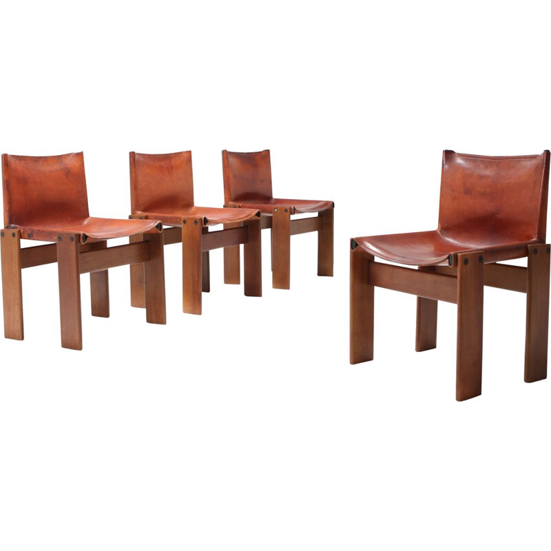 Set of 4 vintage Monk chairs in leather by Afra and Tobia Scarpa 1974