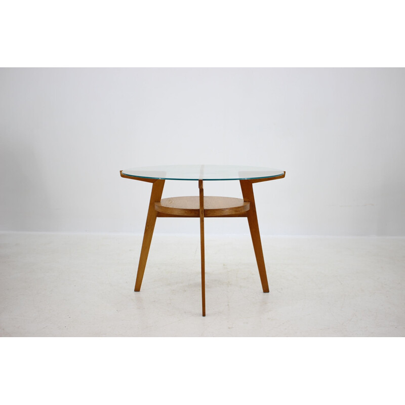 Table basse vintage, chêne et verre Tchécoslovaquie 1960