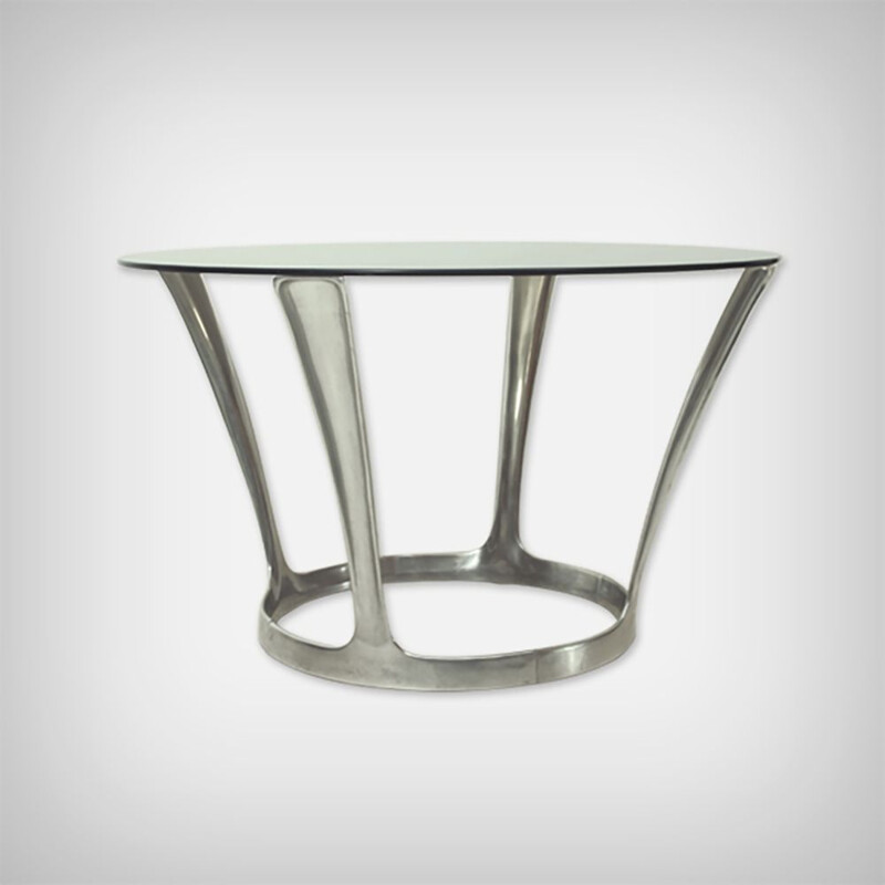 Table à manger vintage de Michel Charron, aluminium et verre fumé français 1960