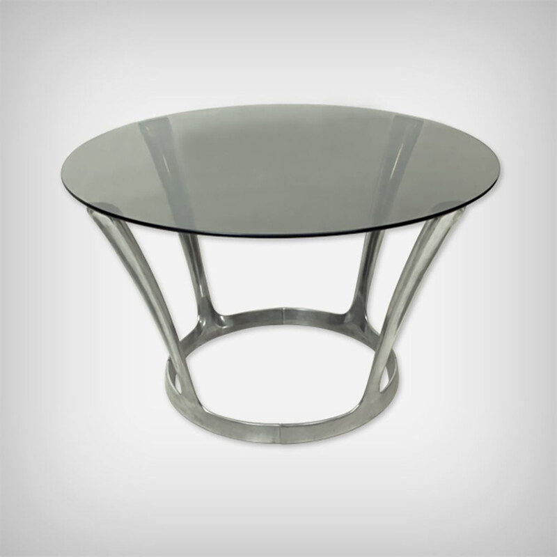 Vintage Dining Table by Michel Charron, Aluminum and Smoked Glass French 1960s