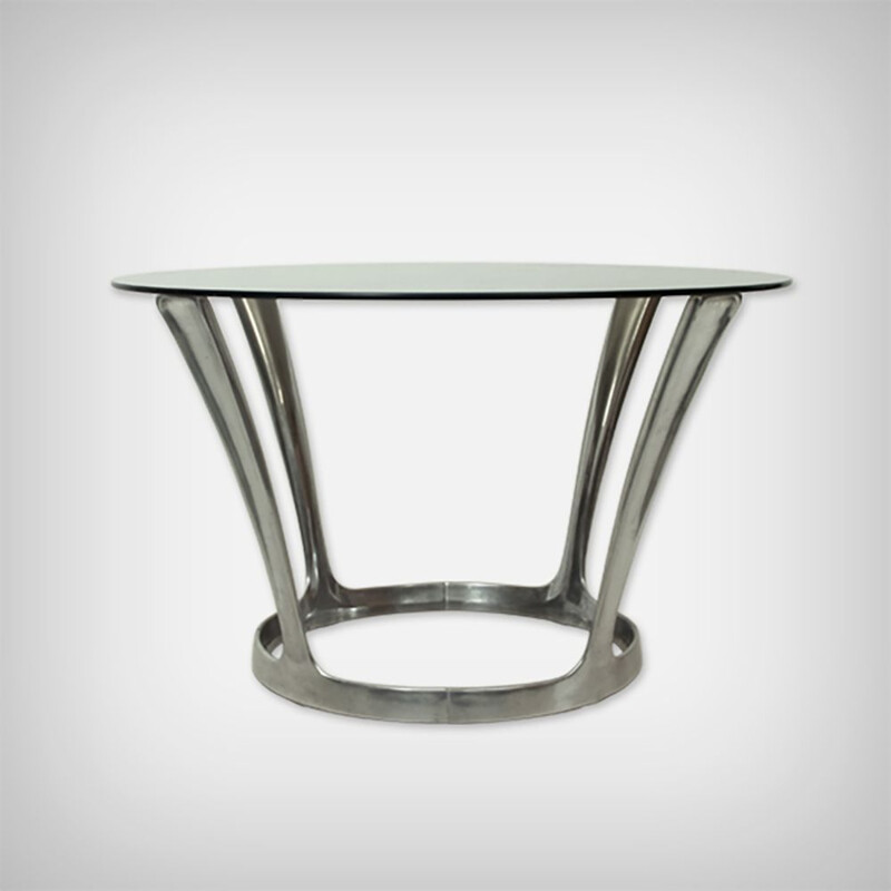 Vintage Dining Table by Michel Charron, Aluminum and Smoked Glass French 1960s