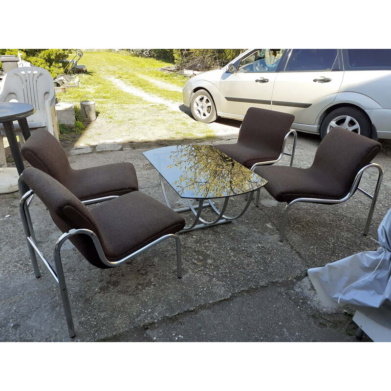 Set of 4 Vintage Hungarian Armchairs and Table Chromed Metal 1970 