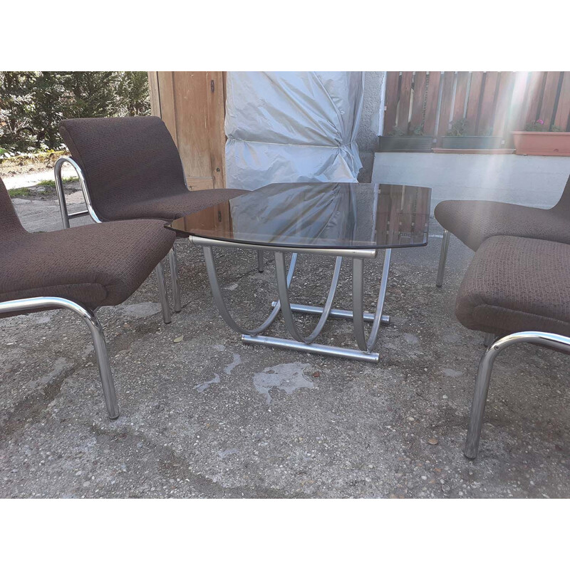 Set van 4 Hongaarse vintage fauteuils en tafel Verchroomd metaal 1970