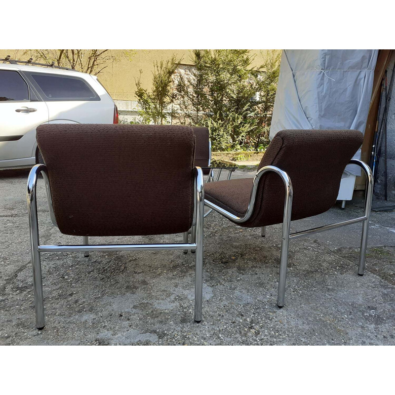 Set of 4 Vintage Hungarian Armchairs and Table Chromed Metal 1970 