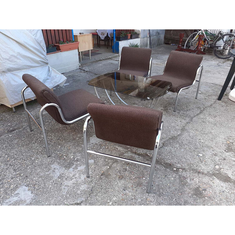 Set of 4 Vintage Hungarian Armchairs and Table Chromed Metal 1970 