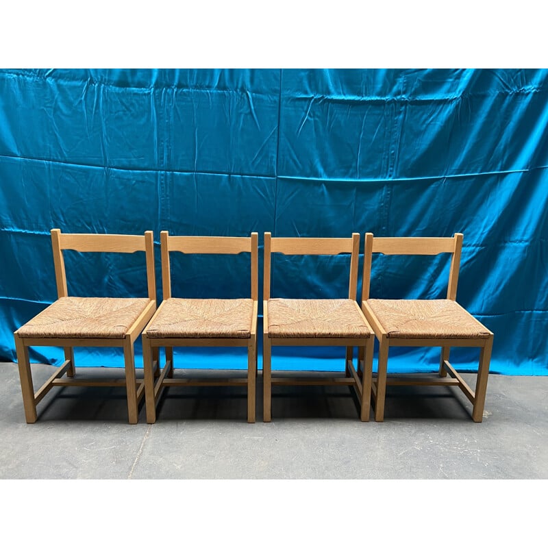 Ensemble de 4 chaises vintage brutaliste de De Coen en chêne blanchi 