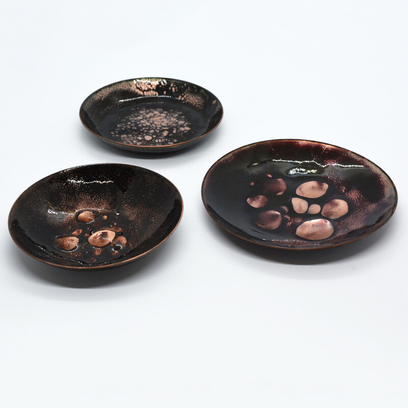 Set of 3 vintage copper enamelled plates, Germany, 1960s