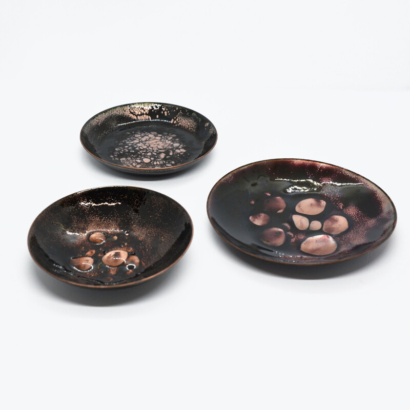 Set of 3 vintage copper enamelled plates, Germany, 1960s