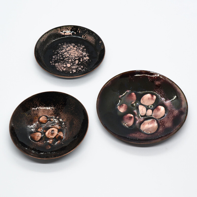 Set of 3 vintage copper enamelled plates, Germany, 1960s