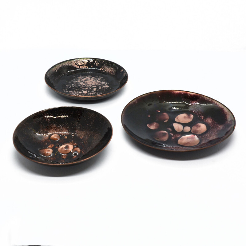 Set of 3 vintage copper enamelled plates, Germany, 1960s