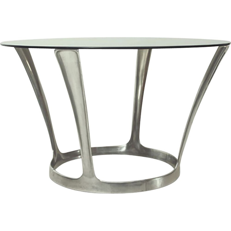 Vintage Dining Table by Michel Charron, Aluminum and Smoked Glass French 1960s
