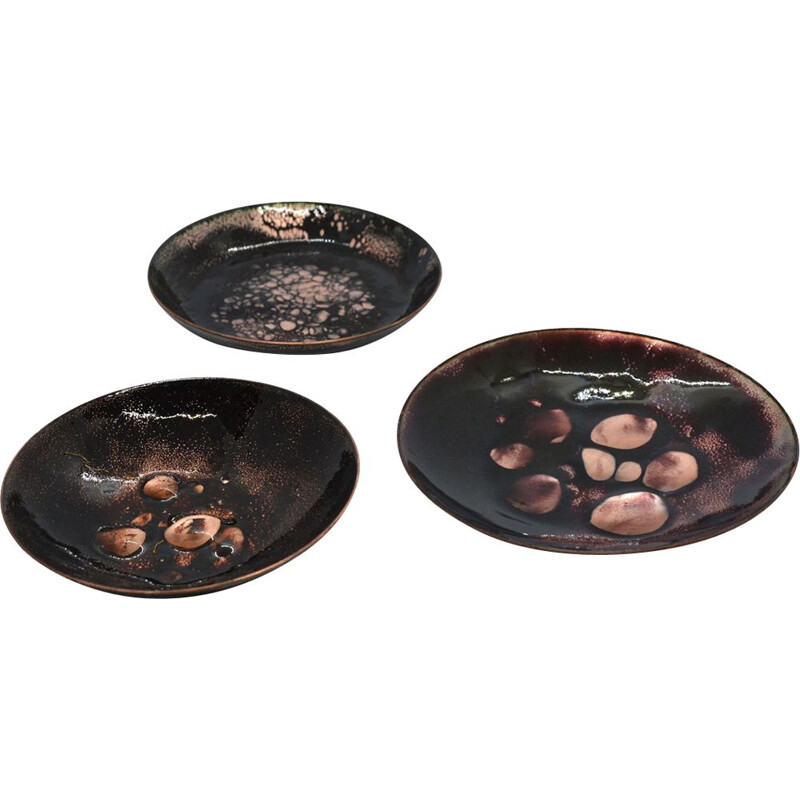 Set of 3 vintage copper enamelled plates, Germany, 1960s